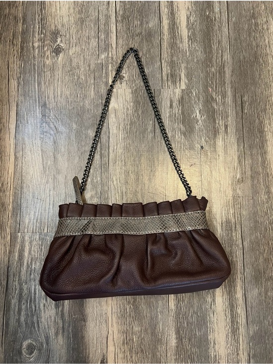 LayneMax Handbags - Y2K Vintage Mini Brown Pleated Baguette Bag Silver Snakeskin Accent Chain Strap
